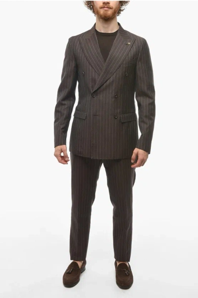 Corneliani Cc Collection Double-breasted Reward Pinstriped Suit In Brown