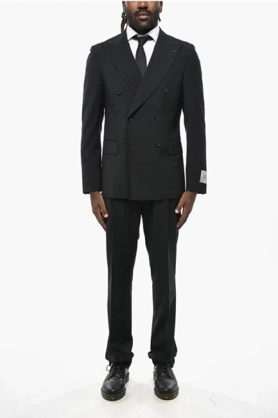 Corneliani Cc Collection Double-breasted Stretch Wool Suit With Peak La In Black