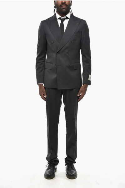 Corneliani Cc Collection Double-breasted Virgin Wool Suit With Flap Poc In Gray
