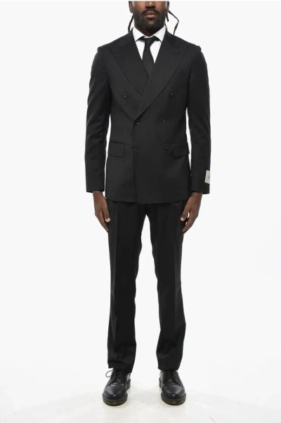 Corneliani Cc Collection Double-breasted Virgin Wool Suit With Peak Lap In Black