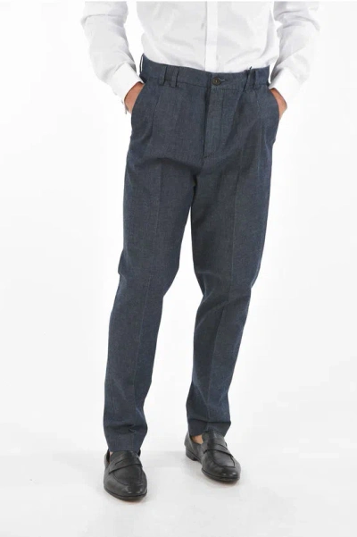 Corneliani Cc Collection Flax Blend Chino Pants With Single Pleat In Blue