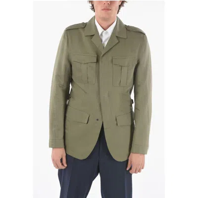 Corneliani Cc Collection Hidden Closure Flax And Cotton Utility Jacket In Green