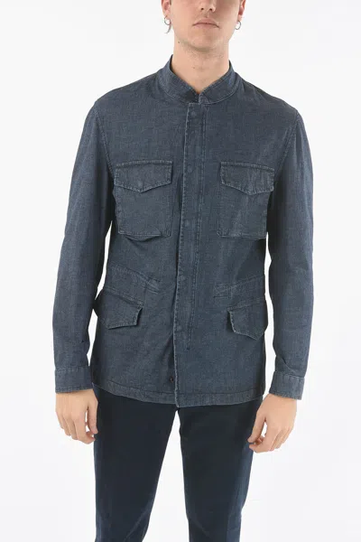 Corneliani Cc Collection O.wear Denim Utility Jacket With Hidden Closur In Blue