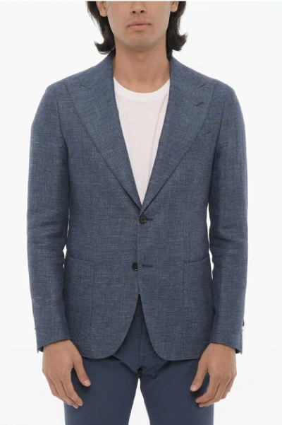 Corneliani Cc Collection Peak Lapel Linen And Virgin Wool Reward 2-butt In Blue