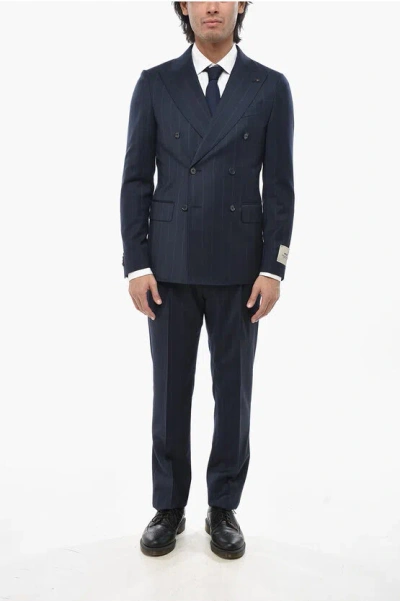 Corneliani Cc Collection Pinstriped Virgin Wool Double-breasted Suit Wi In Blue