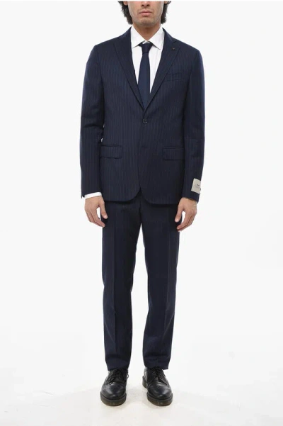 Corneliani Cc Collection Pinstriped Virgin Wool Suit With Flap Pockets In Blue