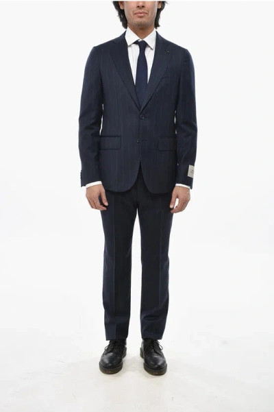 Corneliani Cc Collection Pinstriped Virgin Wool Suit With Notch Lapel In Blue