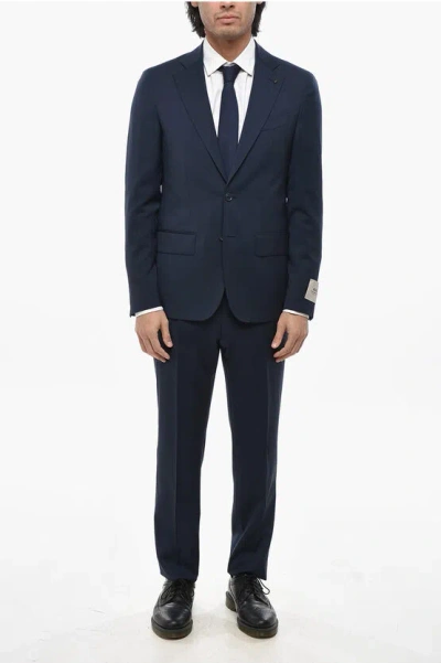 Corneliani Cc Collection Solid Color Virgin Wool Suit With Flap Pockets In Blue
