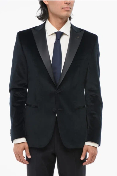 Corneliani Cc Collection Velvet Single-breasted Blazer With Satin Peak In Blue