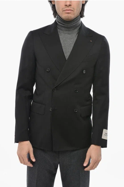 Corneliani Cc Collection Virgin Wool Double Breasted Blazer With Peak L In Black