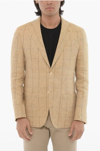 Corneliani Cc Collection Windowpane Check Pure Flax Blazer In Gold