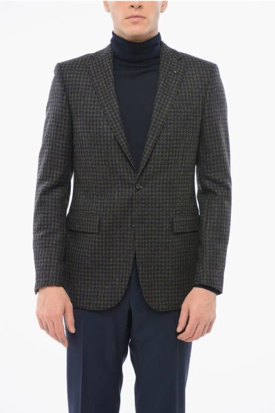 Corneliani Cc Collection Wool Blend Single Breasted Blazer With Houndst In Black