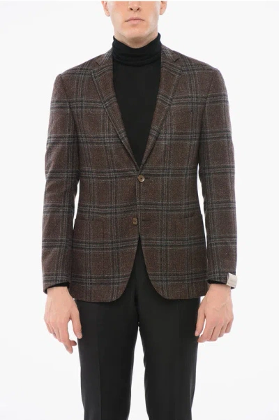 Corneliani Checkered Motif Silk Blend Single Breasted Blazer With Patch In Brown