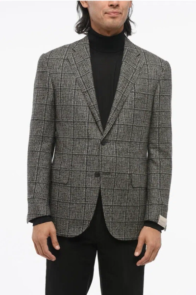 Corneliani Checkered Motif Single Breasted Wool Blazer With Flap Pocket