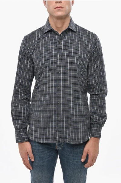Corneliani Circle Checked Cotton Blend Shirt With Spread Collar In Gray