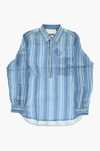 Corneliani Circle Striped Linen Shirt With Side Slits In Blue