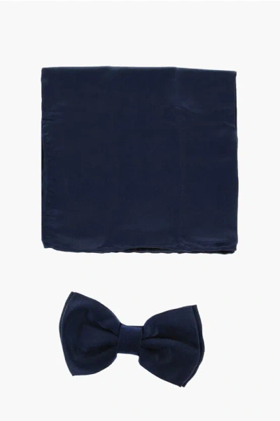 Corneliani Code Silk Satin Bow Tie And Pocket Square Set In Blue