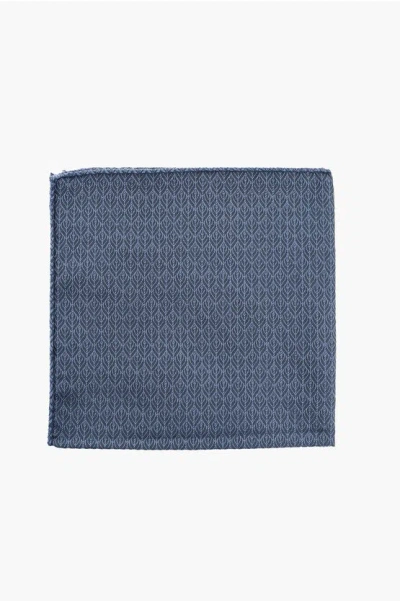 Corneliani Code Solid Color Silk Pocket Square With Ogee Motif In Blue