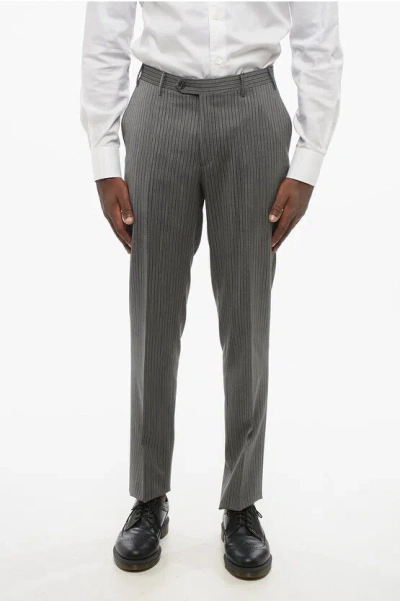 Corneliani Code Virgin Wool Pinstripe Trousers With Belt Loops In Gray