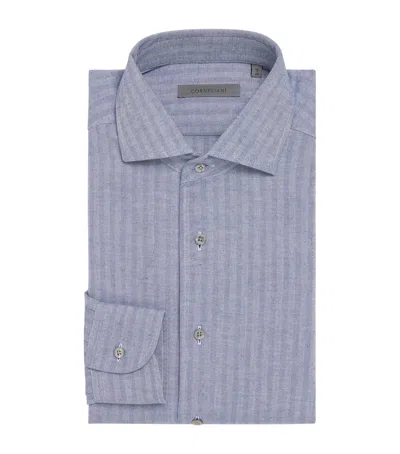 Corneliani Cotton Herringbone Shirt In Blue