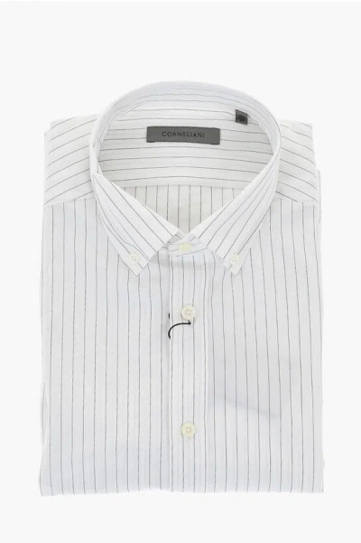 Corneliani Cotton Poplin Striped Shirt With Button-down Collar In White