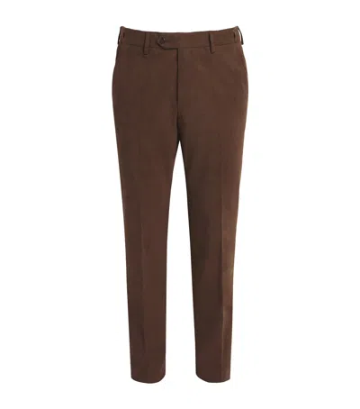 Corneliani Cotton Twill Flat-front Trousers In Brown