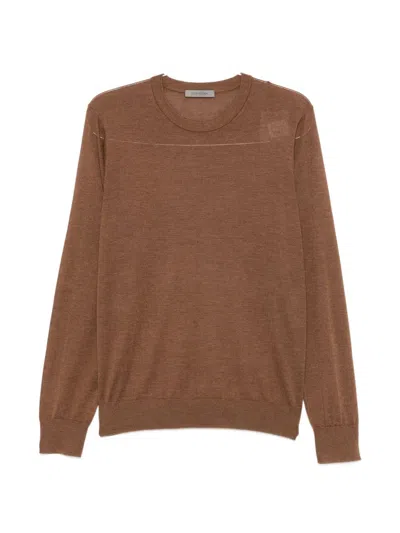 Corneliani Crew Neck Long Sleeve Cotton Top Hazelnut In Brown