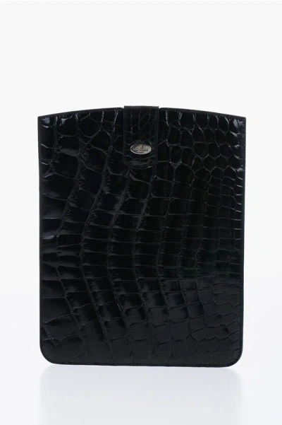 Corneliani Crocodile Leather Table4t Holder With Snap Button In Black