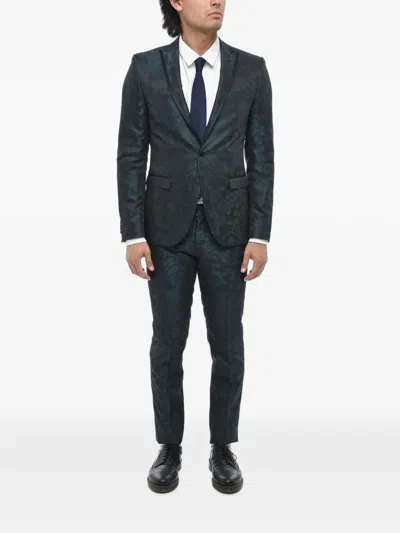 Corneliani Damask-pattern Satin-trim Suit In Blue