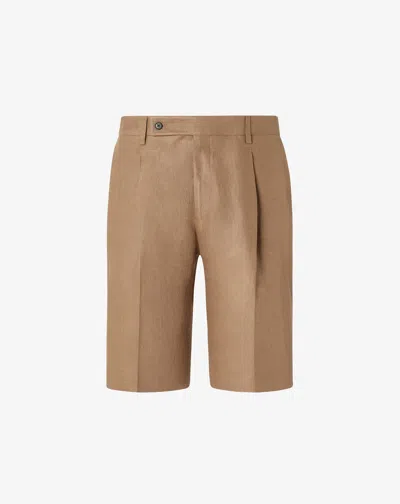 Corneliani Dark Beige Pure Linen Twill Bermuda Shorts In Brown