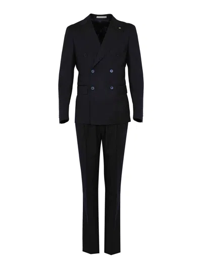 Corneliani Double-breasted Suit In Blue Virgin Wool