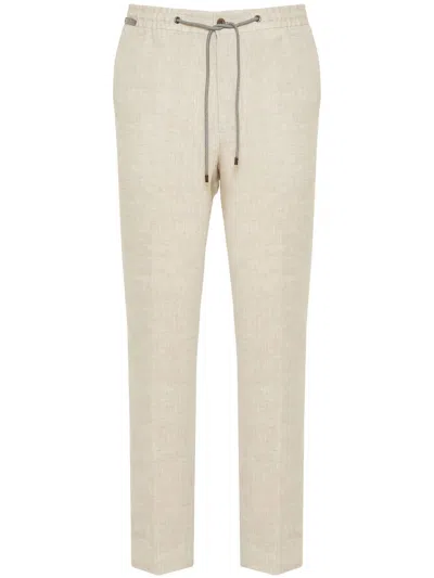 Corneliani Drawstring Linen Trousers In Neutrals