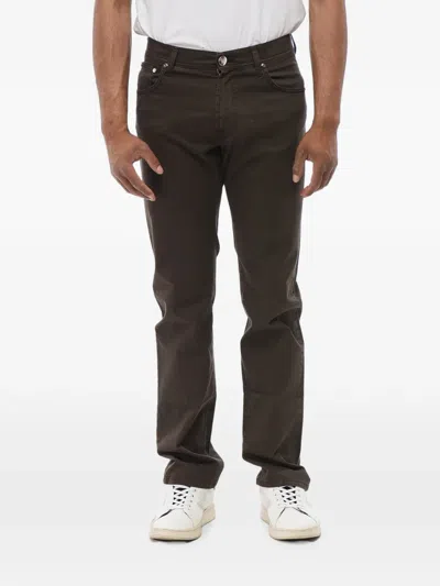 Corneliani Embroidered-logo Buttoned Trousers In Brown