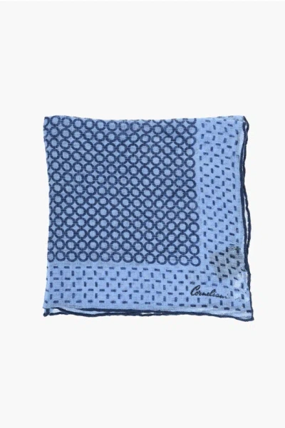 Corneliani Geometrical Patterned Linen Pocket Square In Blue