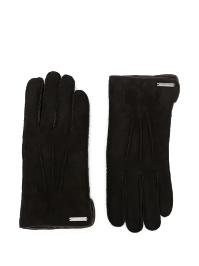 Corneliani Gloves With Logo Plaque In Suede Finish In Brown