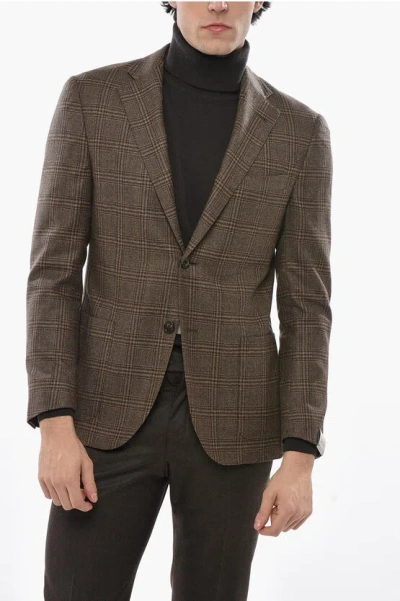 Corneliani Half-lined Gate Virgin Wool Blazer With District Check Motif In Brown