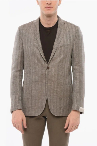 Corneliani Herringbone Motif Linen Blend Gate Single Breasted Blazer In Brown