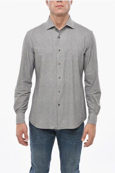 Corneliani Herringbone Motif Stretch Nylon Shirt With Spread Collar In Gray