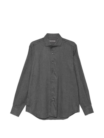 Corneliani Herringbone-weave Long-sleeve Shirt In Gray