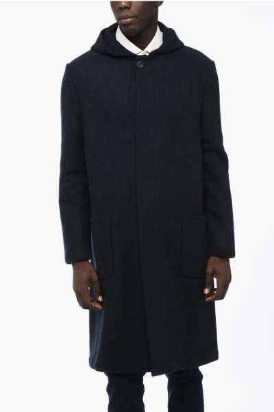Corneliani Hooded Halflined Tweed Wool Coat In Black