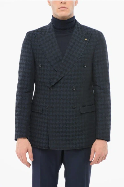 Corneliani Houndstooth Motif Linen Blend Double Breasted Blazer In Blue