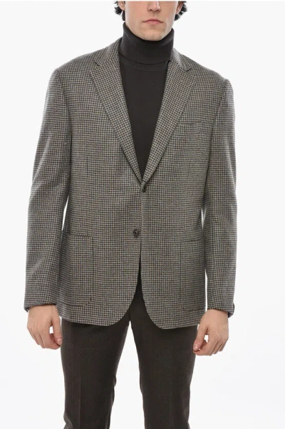 Corneliani Houndstooth Motif Virgin Wool And Cashmere 2 Buttons Blazer In Brown