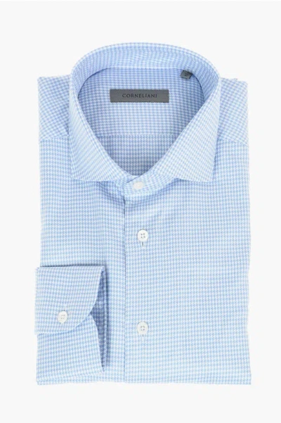 Corneliani Houndstooth Patterned Cotton Slim Fit Shirt In Blue