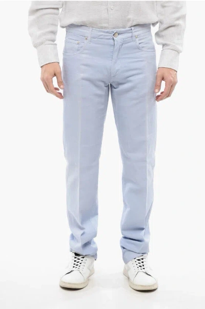 Corneliani Id 5-pocketed Linen Blend Pants With Belt Loops In Blue