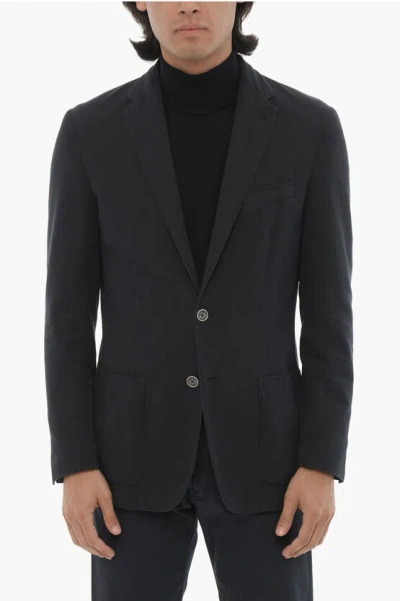 Corneliani Id Cotton And Silk Identity Blazer With Notch Lapel And Patc In Black