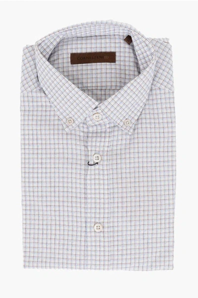 Corneliani Id Cotton Blend Button-down Shirt With Gingham Pattern In White
