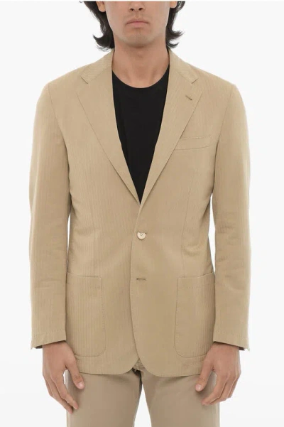 Corneliani Id Herringbone Cotton And Silk Unlined Blazer In Beige