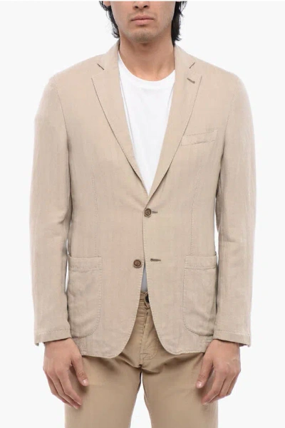 Corneliani Id Herringbone Linen Blend Blazer With Patch Pockets In Beige