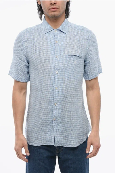Corneliani Id Houndstooth Linen Slim Fit Shirt In Blue
