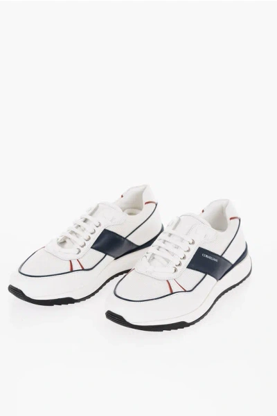 Corneliani Id Leather And Fabric Low-top Sneakers With Contrasting Deta In White